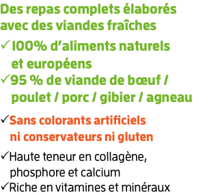 Des repas complets élaborés avec des viandes fraîches  100% d’aliments naturels  et européens 95 % de viande de bœuf /  poulet / porc / gibier / agneau Sans colorants artificiels   ni conservateurs ni gluten Haute teneur en collagène,   phosphore et calcium Riche en vitamines et minéraux